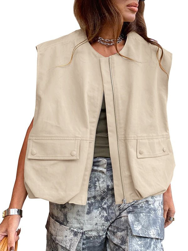 Round-Neck Zip Pocket Sleeveless Vest