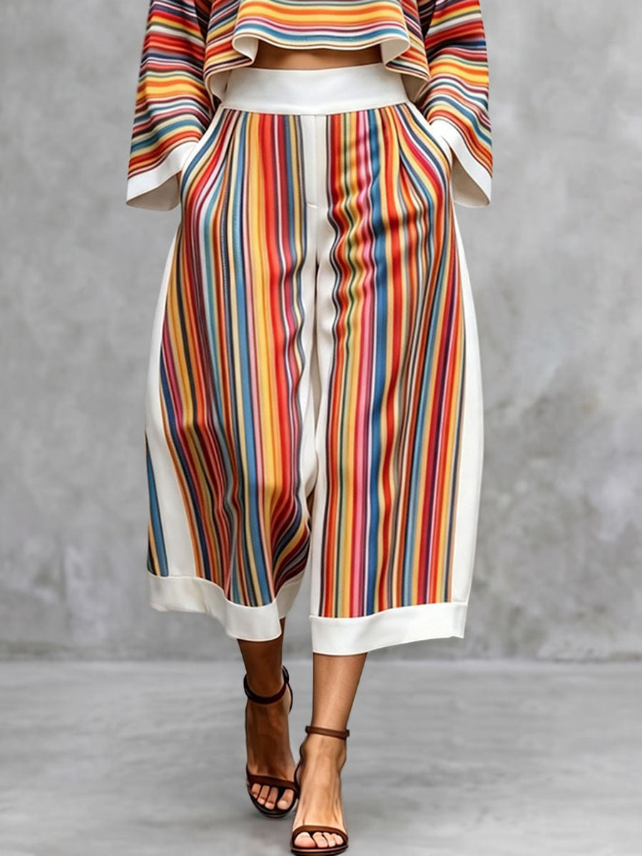 Striped Wide-Leg Cropped Pocket Pants