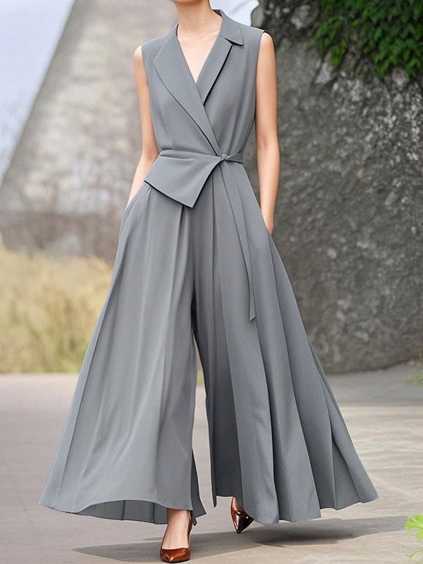 High-Waist Notch-Collar Pleated Pocket Jumpsuit