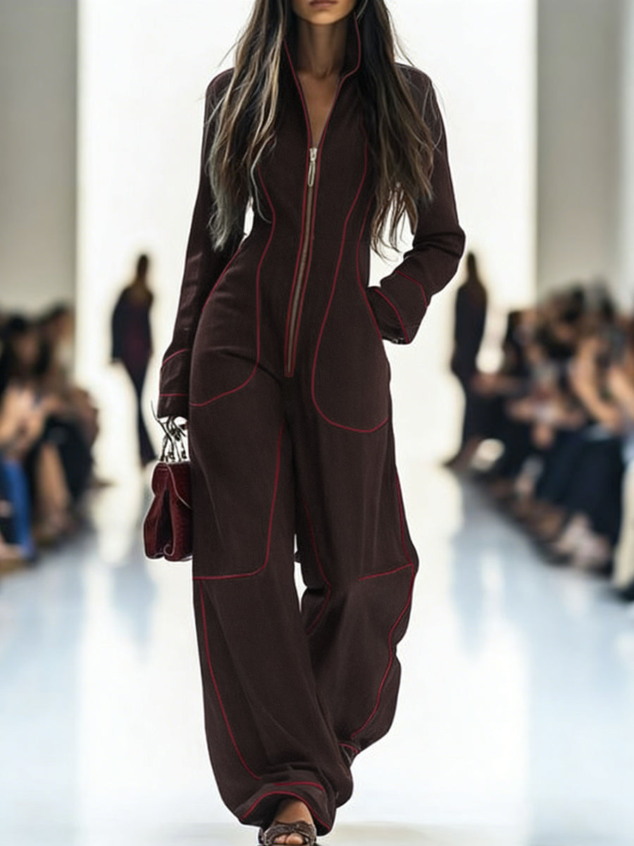 Wide-Leg Stand-Collar Zip Long-Sleeve Jumpsuit