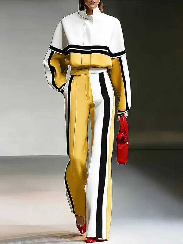 Striped High-Waist Pocket Contrast Pants