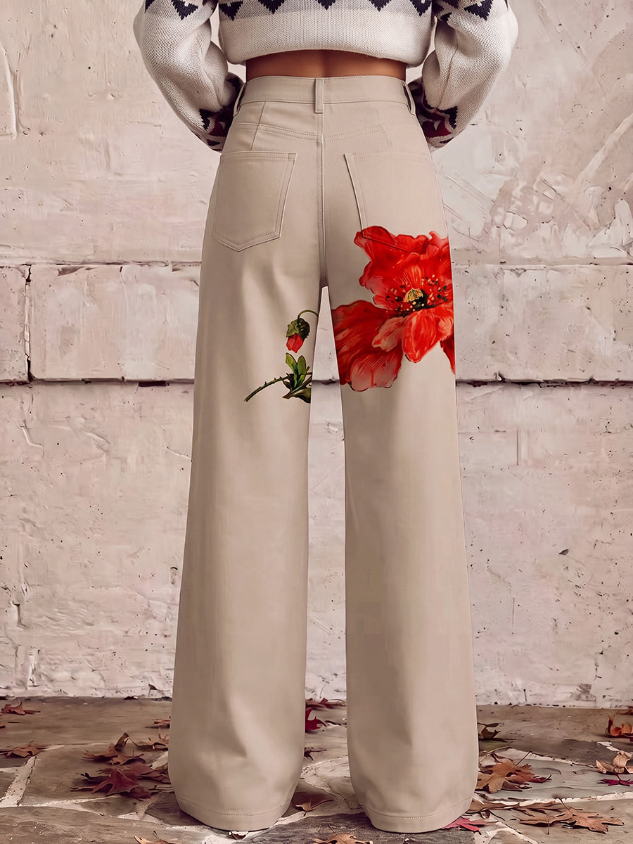 Floral High-Waist Plus Size Button-Detail Pants