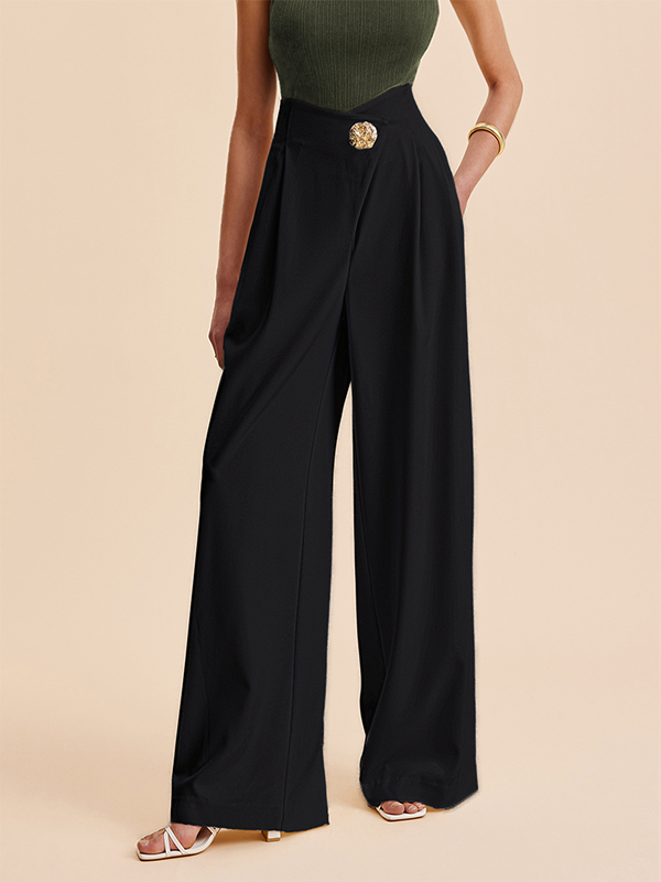 High-Waist Pleated Button-Detail Relaxed Pants