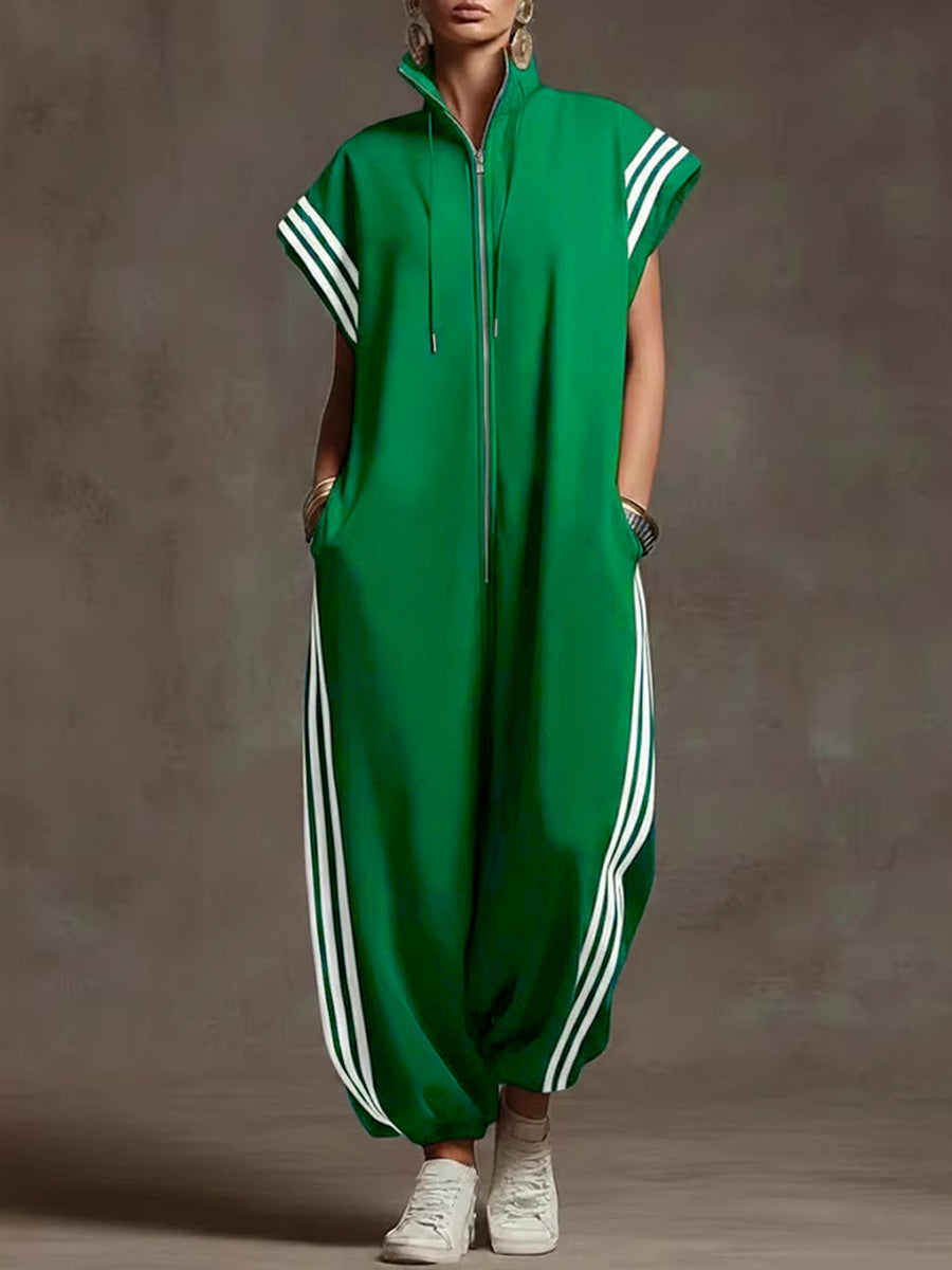 Striped Plus Size Stand-Collar Zip Jumpsuit