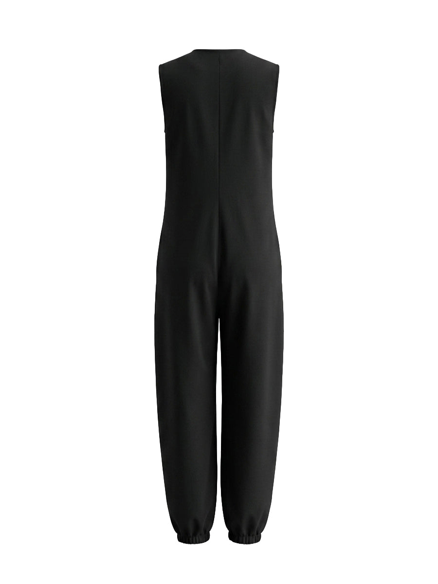 Wide-Leg V-Neck Button-Detail Pocket Jumpsuit