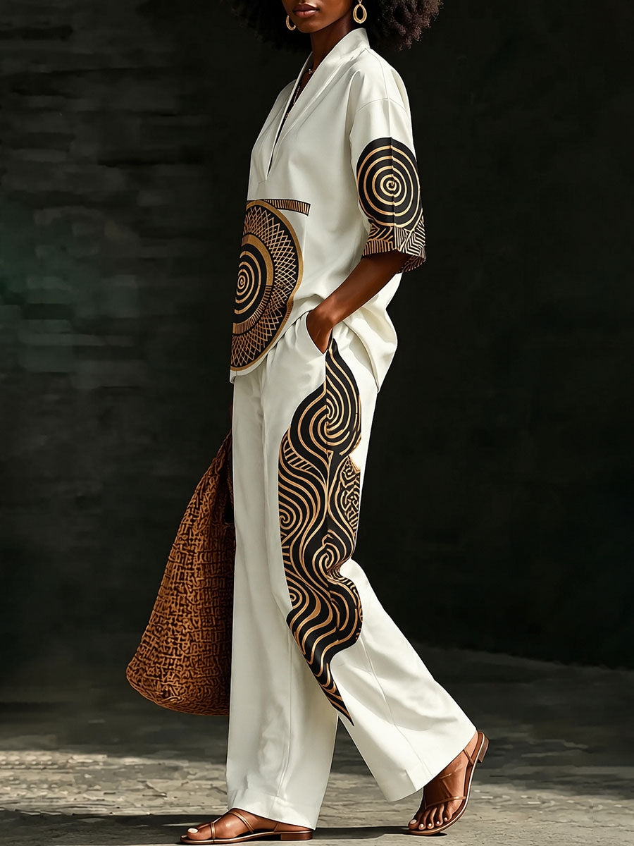 Printed Wide-Leg Pocket Elastic Pants