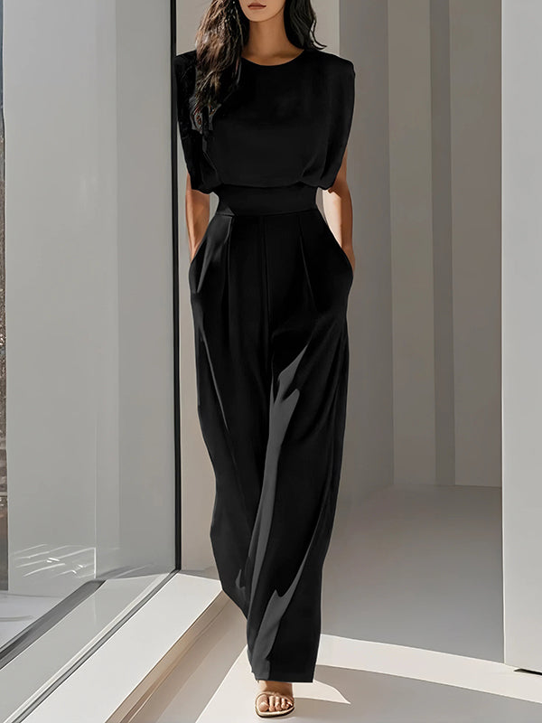 Round-Neck Pleated Relaxed Jumpsuit