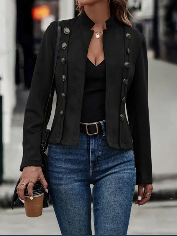 Stand-Collar Button-Detail Long-Sleeve Relaxed Jacket