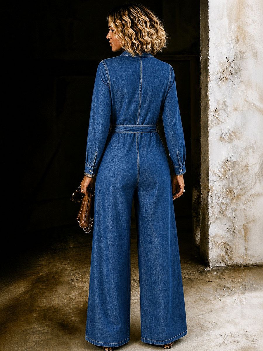 Wide-Leg Zip Pocket Long-Sleeve Jumpsuit