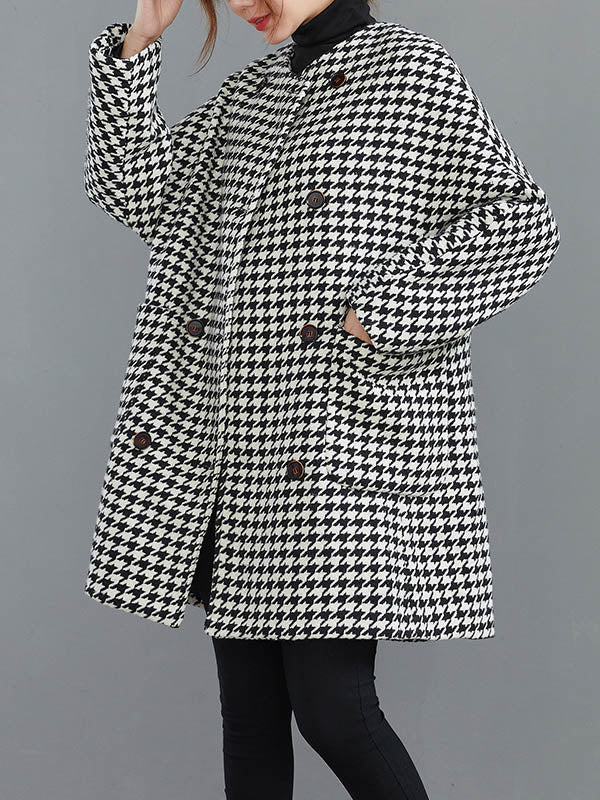 Houndstooth Round-Neck Button-Detail Long-Sleeve Coat
