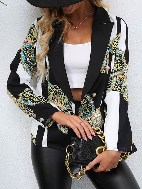 Printed Notch-Collar Button-Detail Pocket Blazer