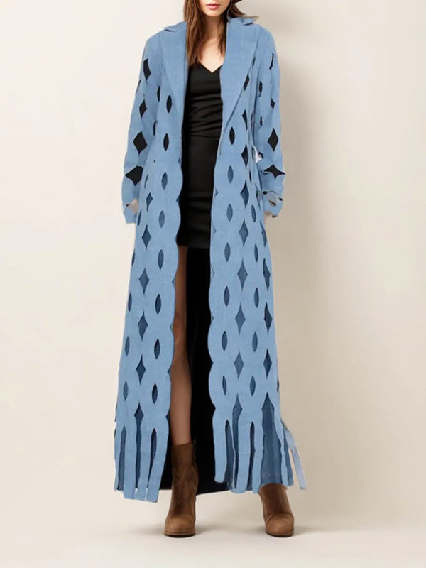 Denim Notch-Collar Fringe Long-Sleeve Jacket