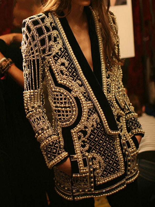 Printed V-Neck Long-Sleeve Relaxed Blazer