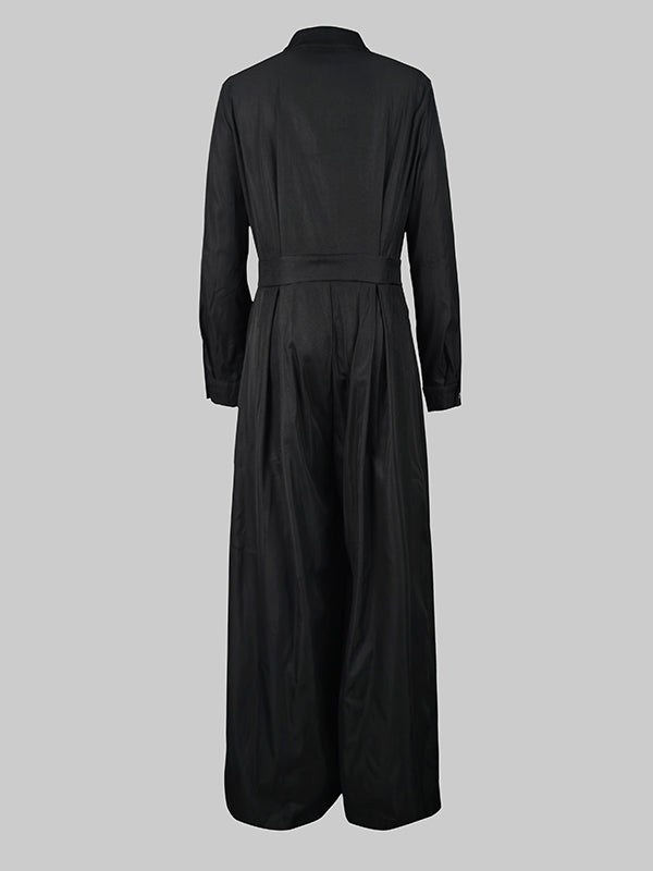 Wide-Leg V-Neck Button-Detail Relaxed Belt