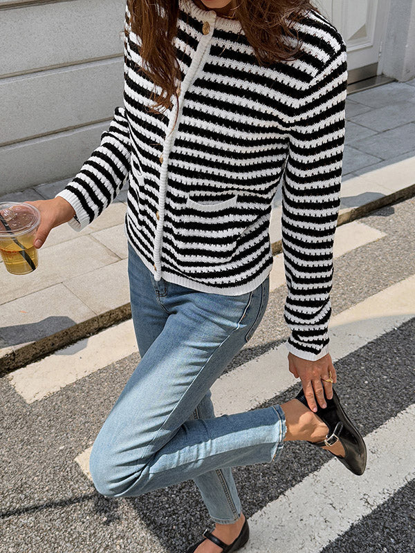 Striped Button-Detail Pocket Long-Sleeve Cardigan