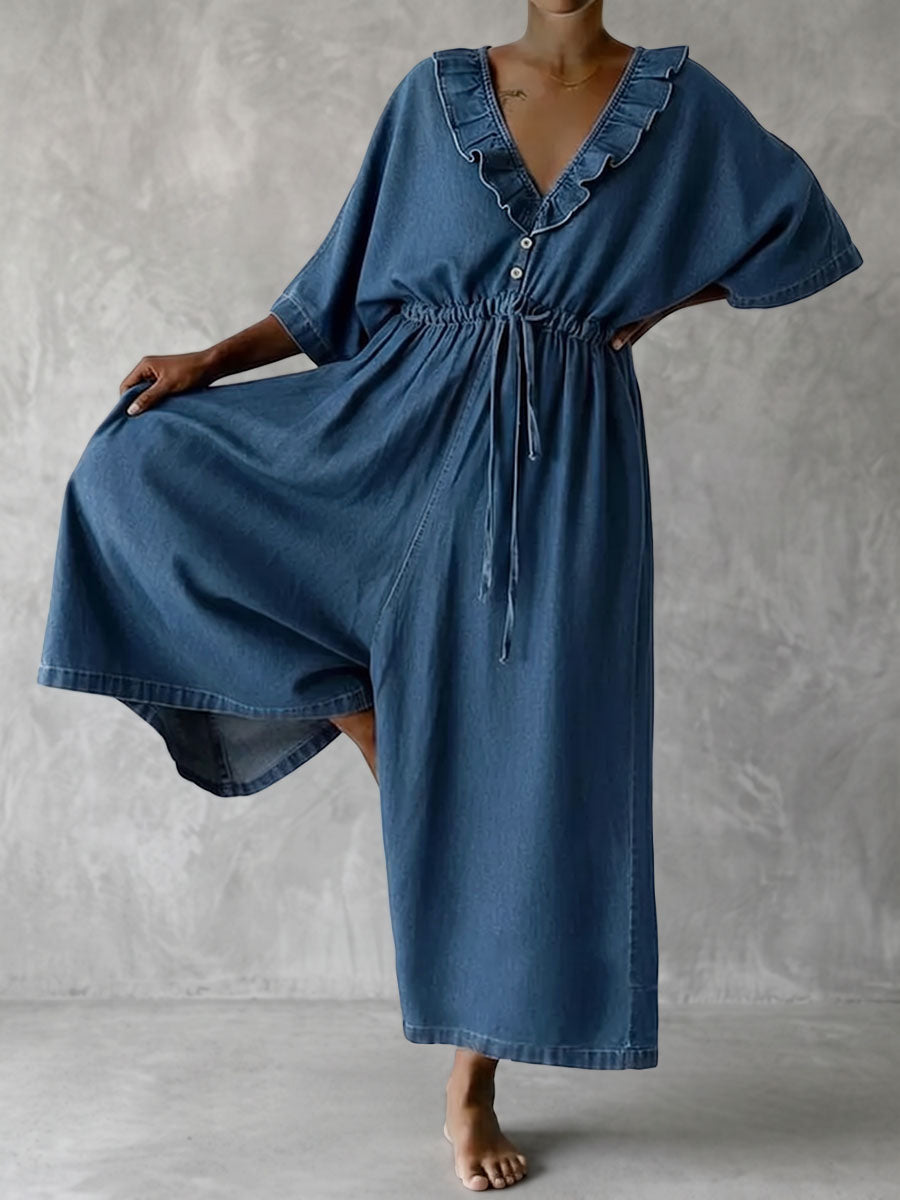 Wide-Leg V-Neck Ruffle Drawstring Jumpsuit