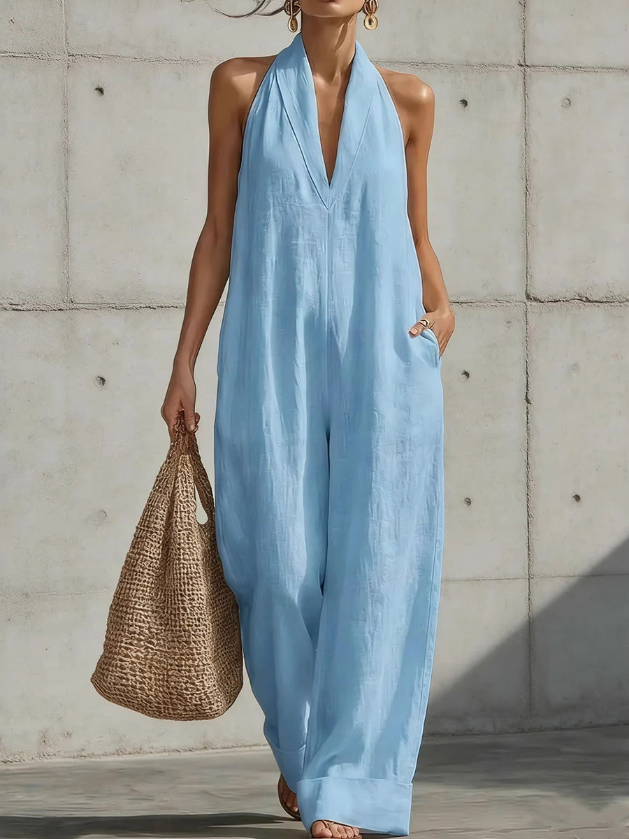 High-Waist V-Neck Pocket Sleeveless Jumpsuit