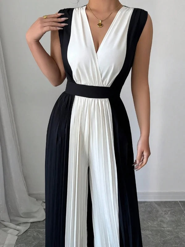 High-Waist V-Neck Pleated Relaxed Jumpsuit