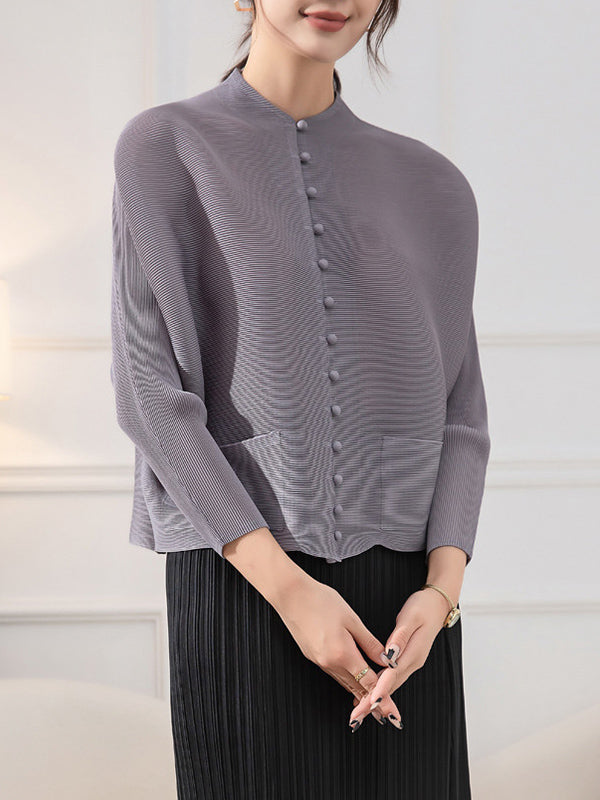 Round-Neck Pleated Button-Detail Pocket Jacket