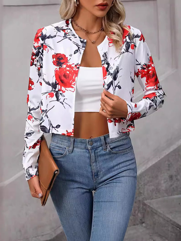 Floral Round-Neck Button-Detail Long-Sleeve Blazer
