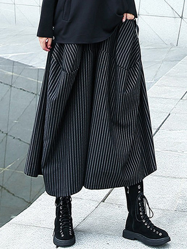 Striped High-Waist Pocket Elastic Culottes