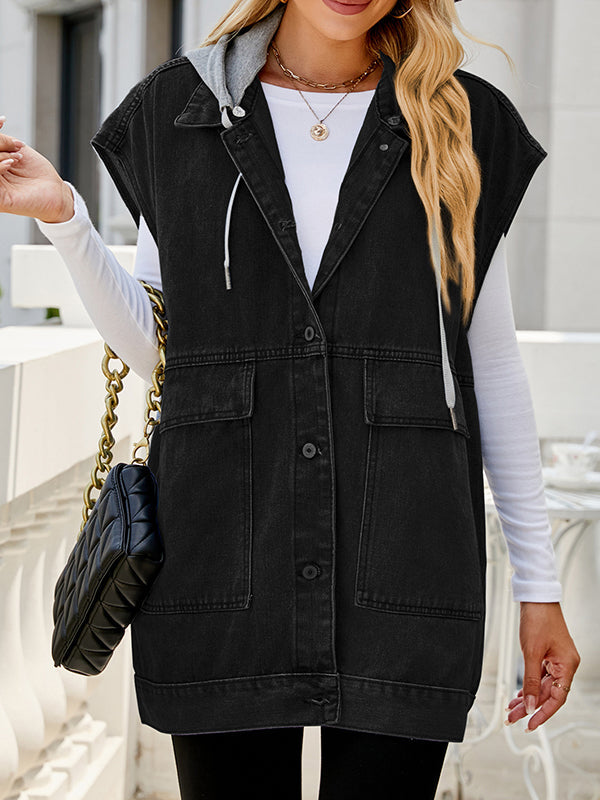 Hooded Button-Detail Pocket Sleeveless Vest