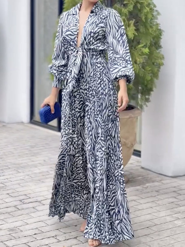 Printed V-Neck Pleated Relaxed Jumpsuit