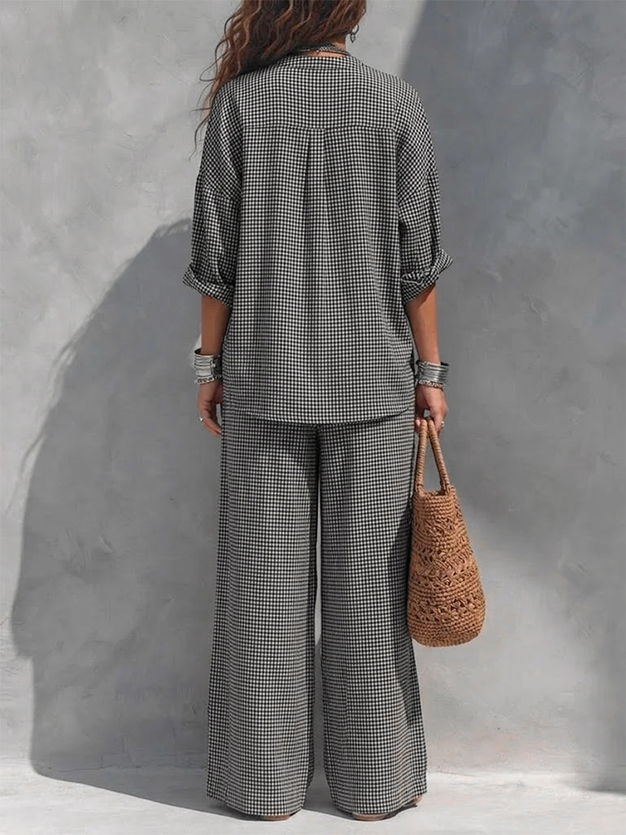 Checked Wide-Leg Pocket Elastic Pants