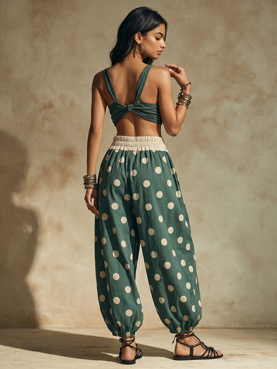 Polka Dot Wide-Leg High-Waist Drawstring Pants