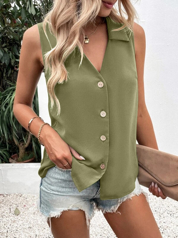 V-Neck Button-Detail Sleeveless Relaxed Vest