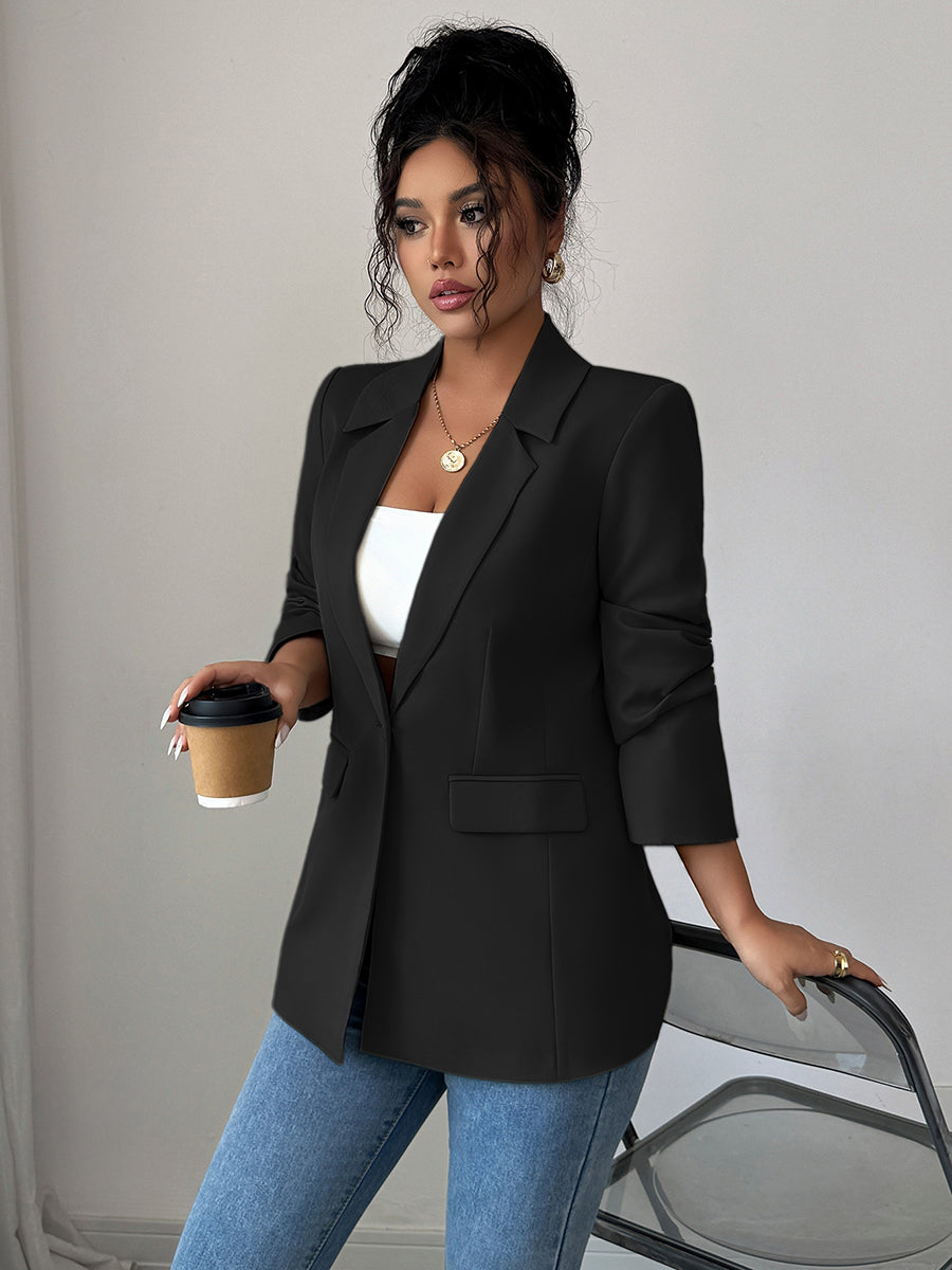 Notch-Collar Button-Detail Pocket Long-Sleeve Blazer