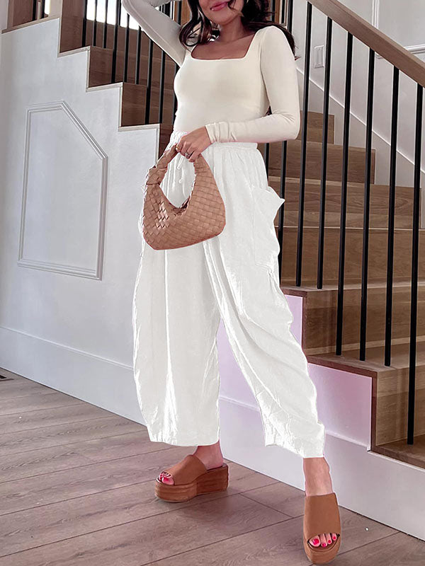 High-Waist Pleated Drawstring Pocket Pants