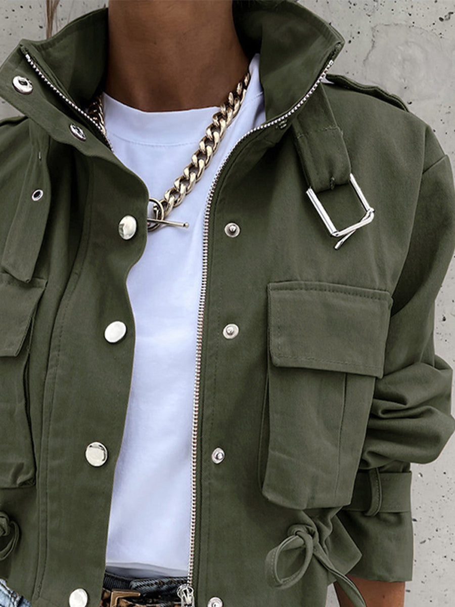 Printed Stand-Collar Drawstring Button-Detail Jacket