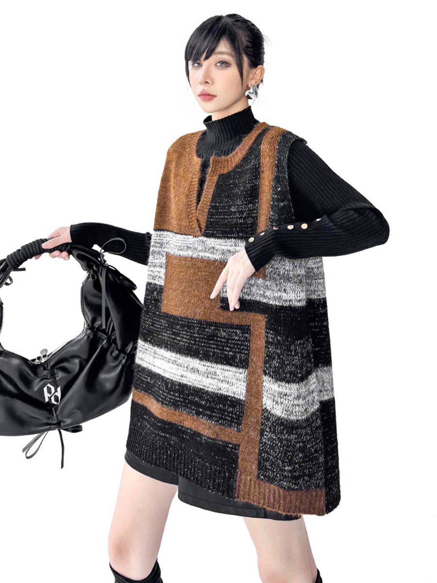 Striped V-Neck Sleeveless Geometric Vest