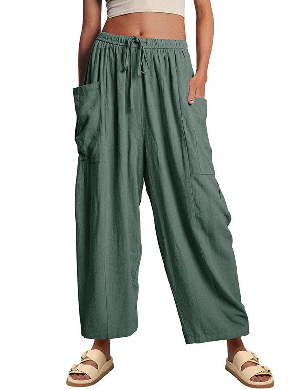 High-Waist Pleated Drawstring Pocket Pants
