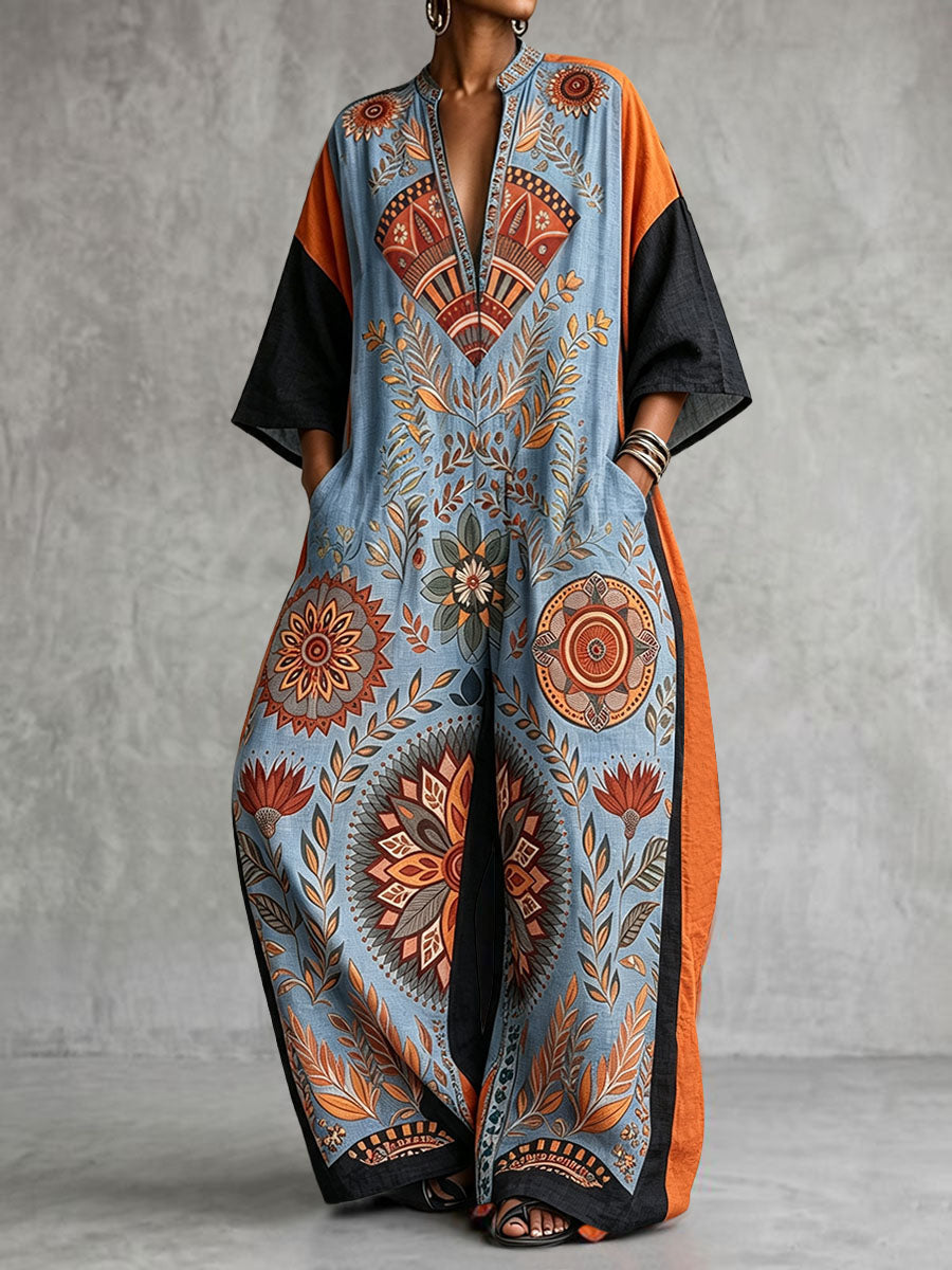 Floral V-Neck Pocket Three-Quarter Sleeve Jumpsuit