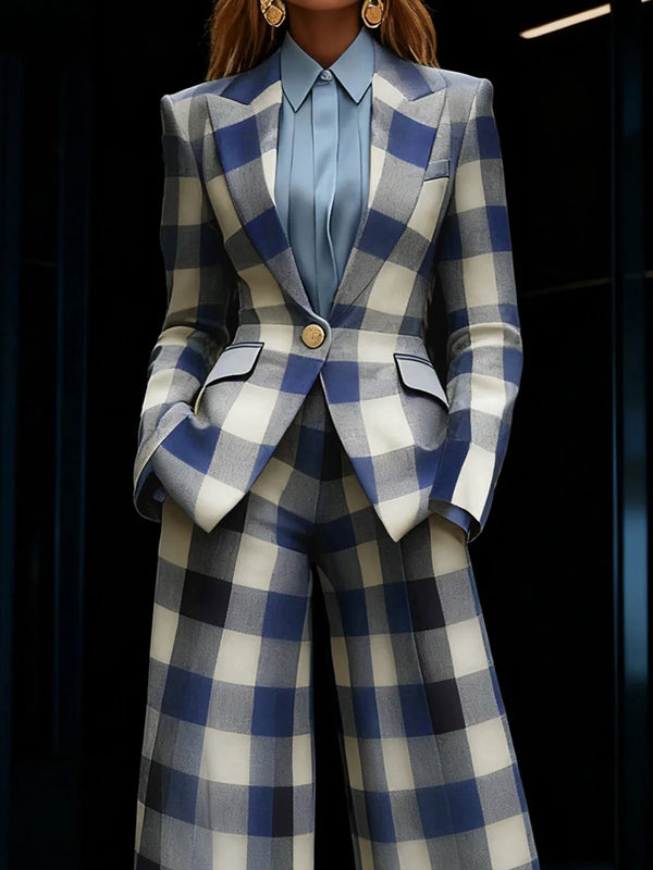Checked Notch-Collar Button-Detail Pocket Blazer