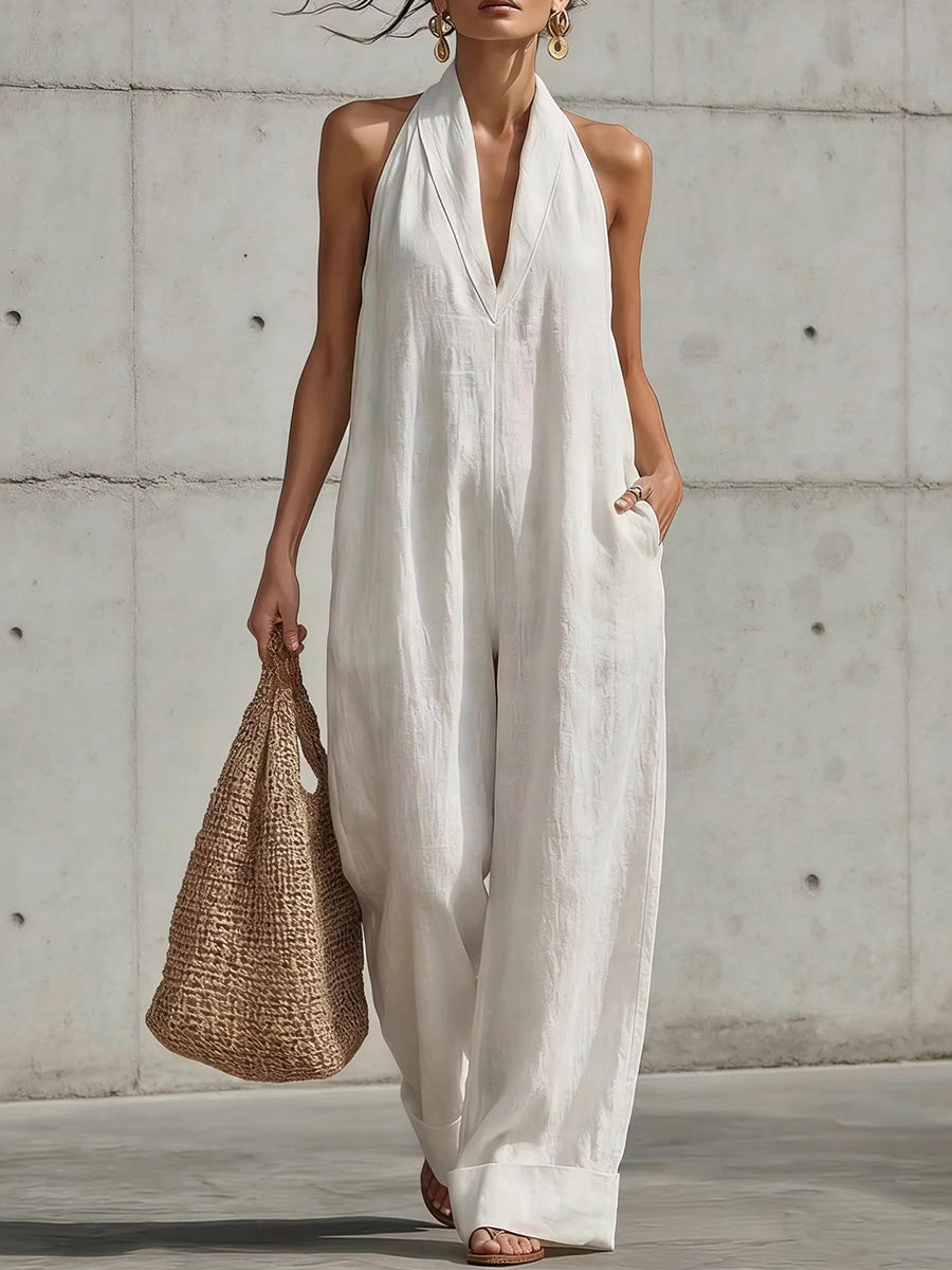High-Waist V-Neck Pocket Sleeveless Jumpsuit
