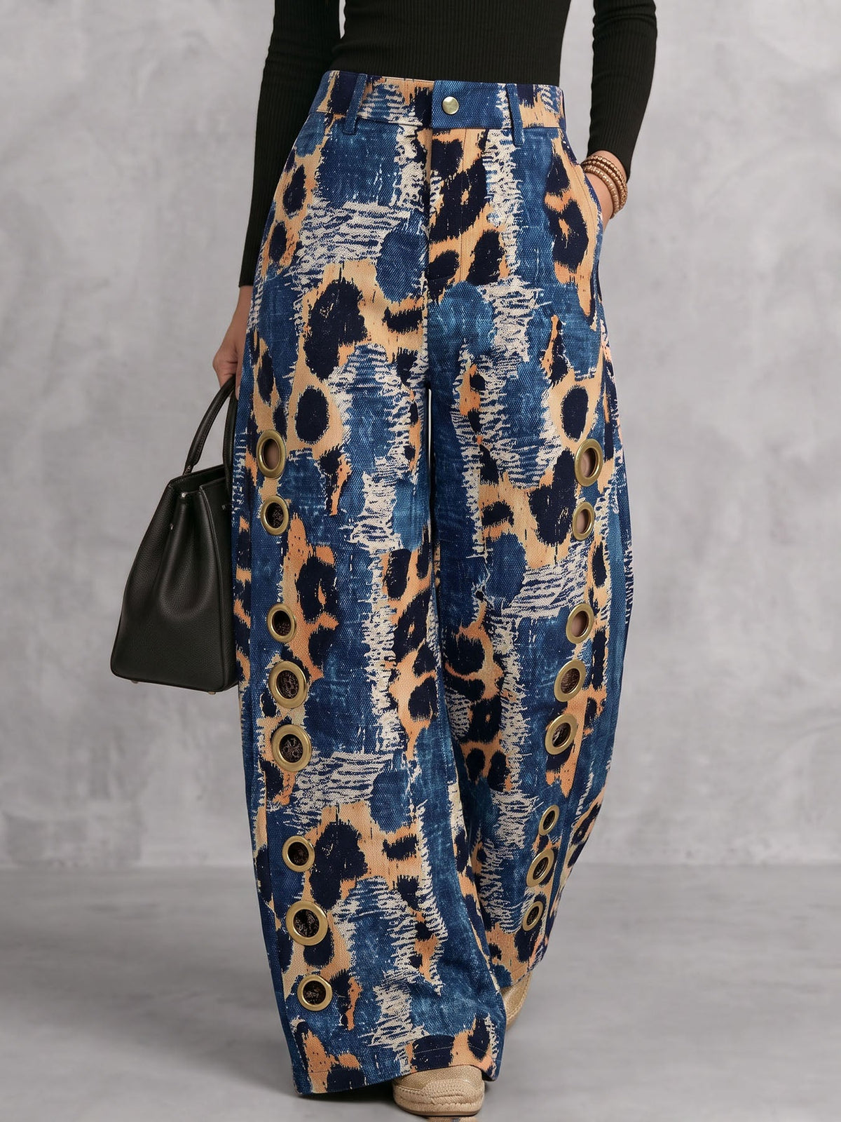 Leopard Print Wide-Leg High-Waist Button-Detail Pants