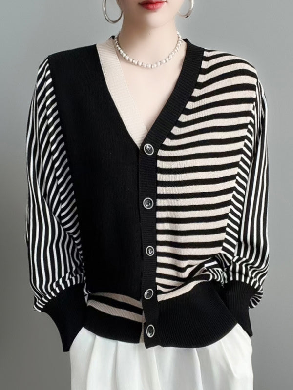 Striped Knit V-Neck Button-Detail Cardigan