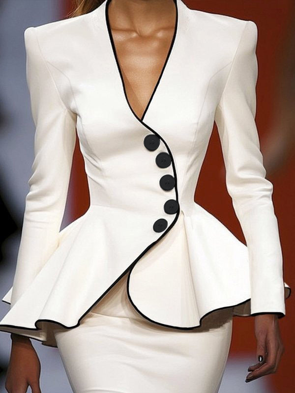 V-Neck Button-Detail Long-Sleeve Jacket