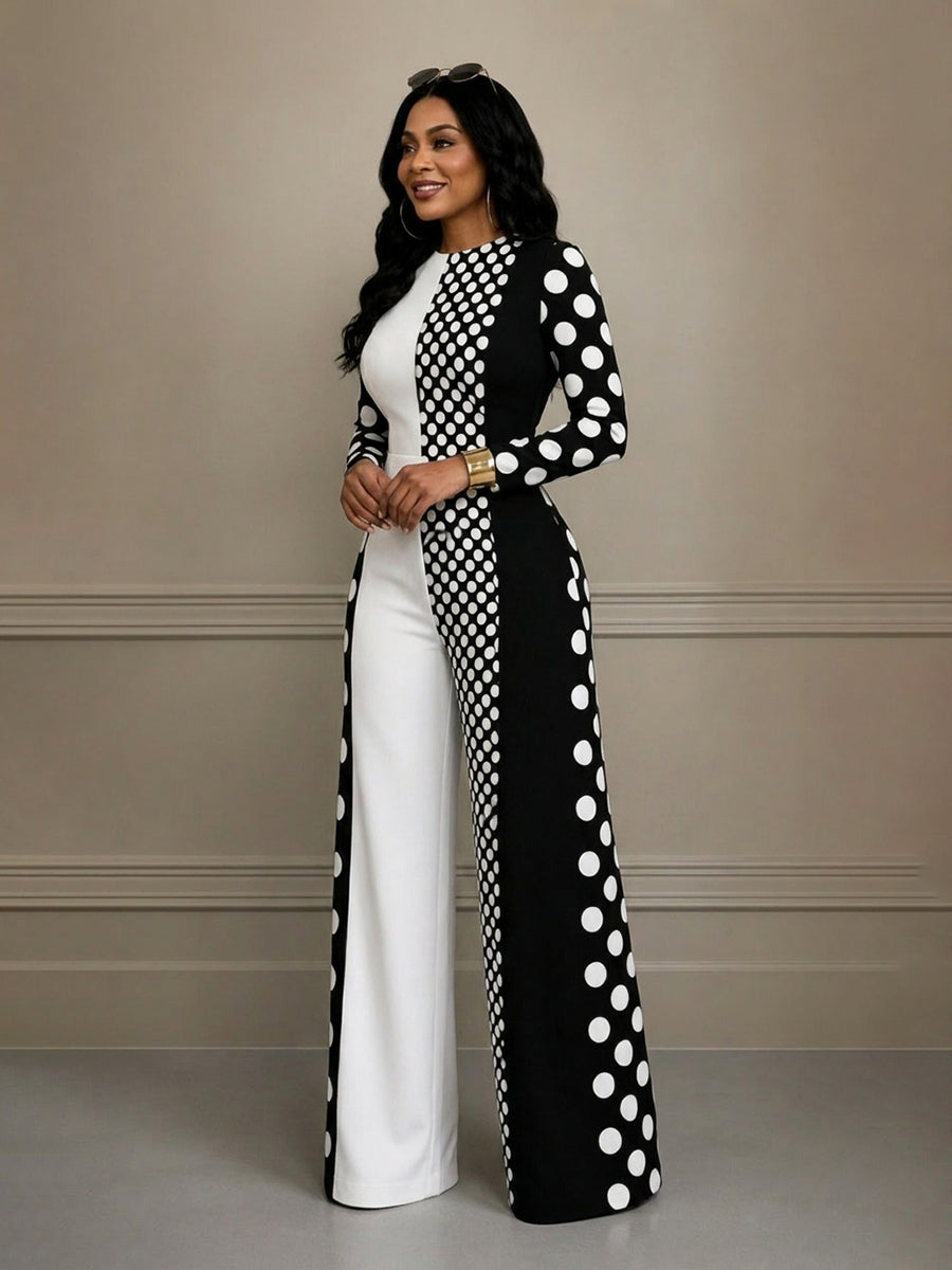 High-Waist Round-Neck Zip Long-Sleeve Jumpsuit