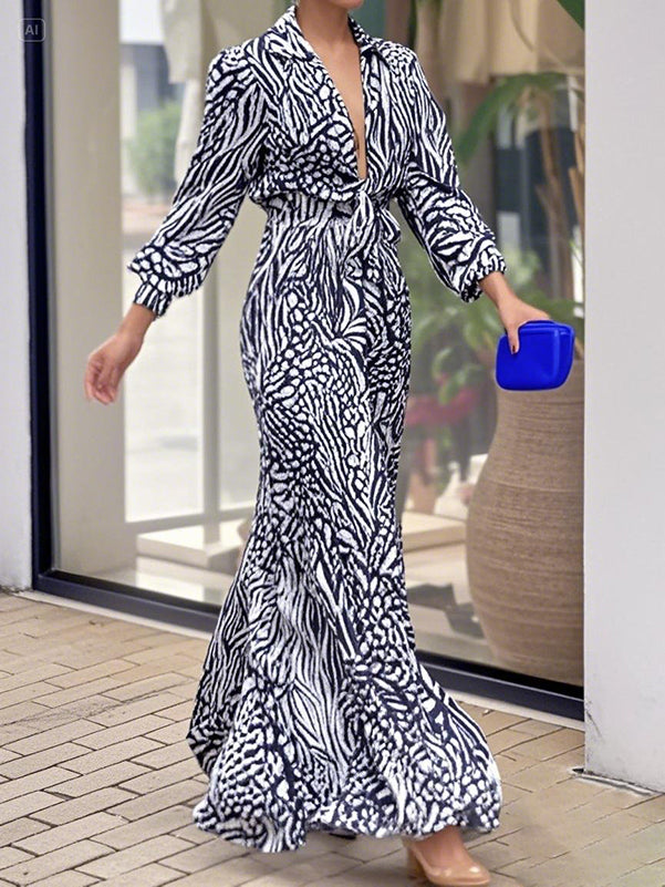 Printed V-Neck Pleated Relaxed Jumpsuit