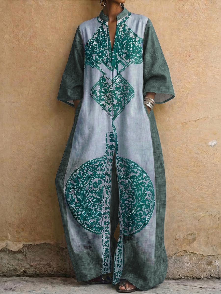 Printed V-Neck Pocket Three-Quarter Sleeve Jumpsuit