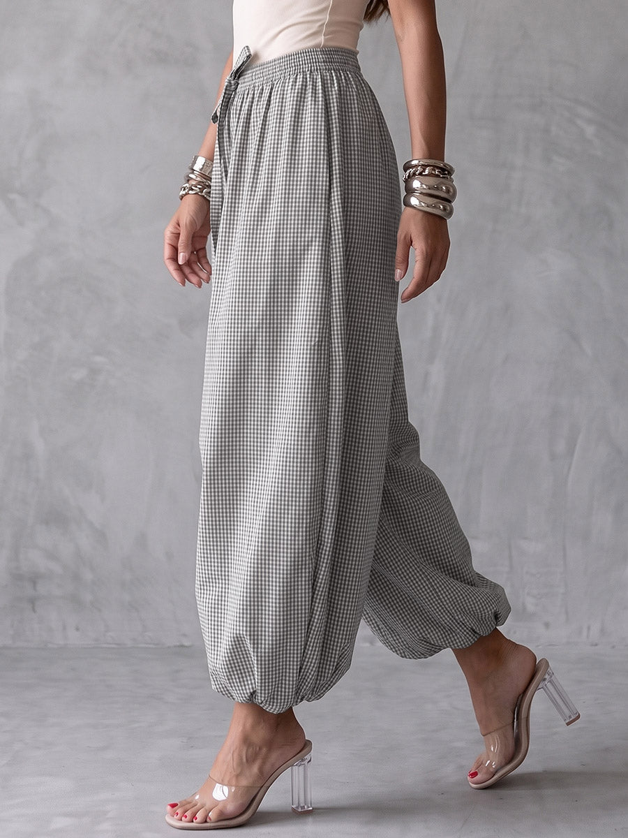 Checked Wide-Leg Drawstring Pocket Pants