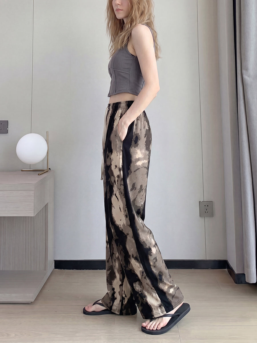 Printed Wide-Leg High-Waist Drawstring Pants