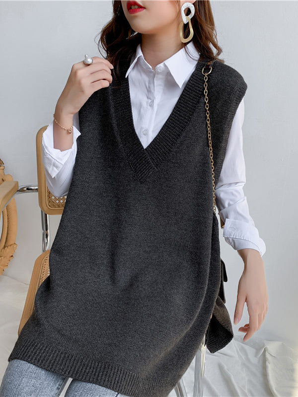 Knit V-Neck Side-Split Sleeveless Vest