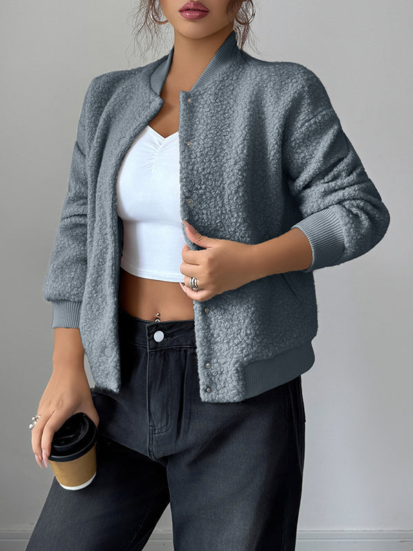 Button-Detail Pocket Long-Sleeve Elastic Jacket