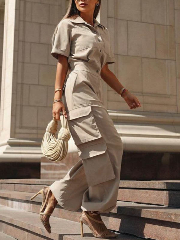 Button-Detail Pocket Short-Sleeve Relaxed Jumpsuit