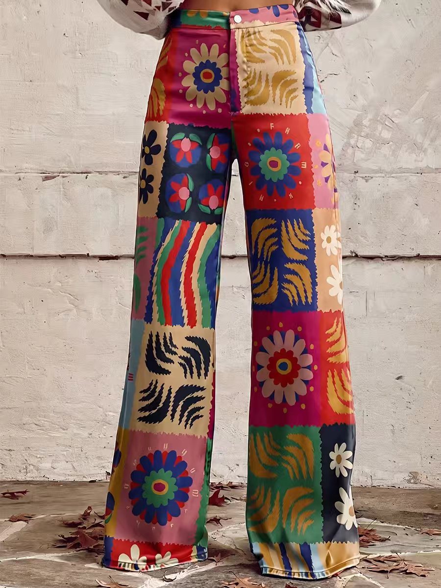 Printed Wide-Leg Plus Size Button-Detail Pants